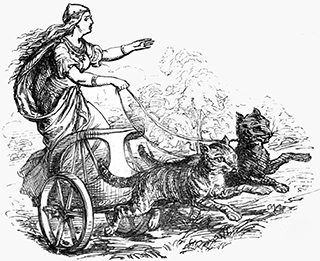 Frejas vagn dras av katterna Högni och Þófnir. Illustrerad av Ludwig Pietsch 1865. (Wikimedia Commons)